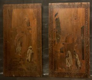 PAN422 - Pair of inlaid and painted wooden panels, 19th century, dimensions cm W 40 x H 72
